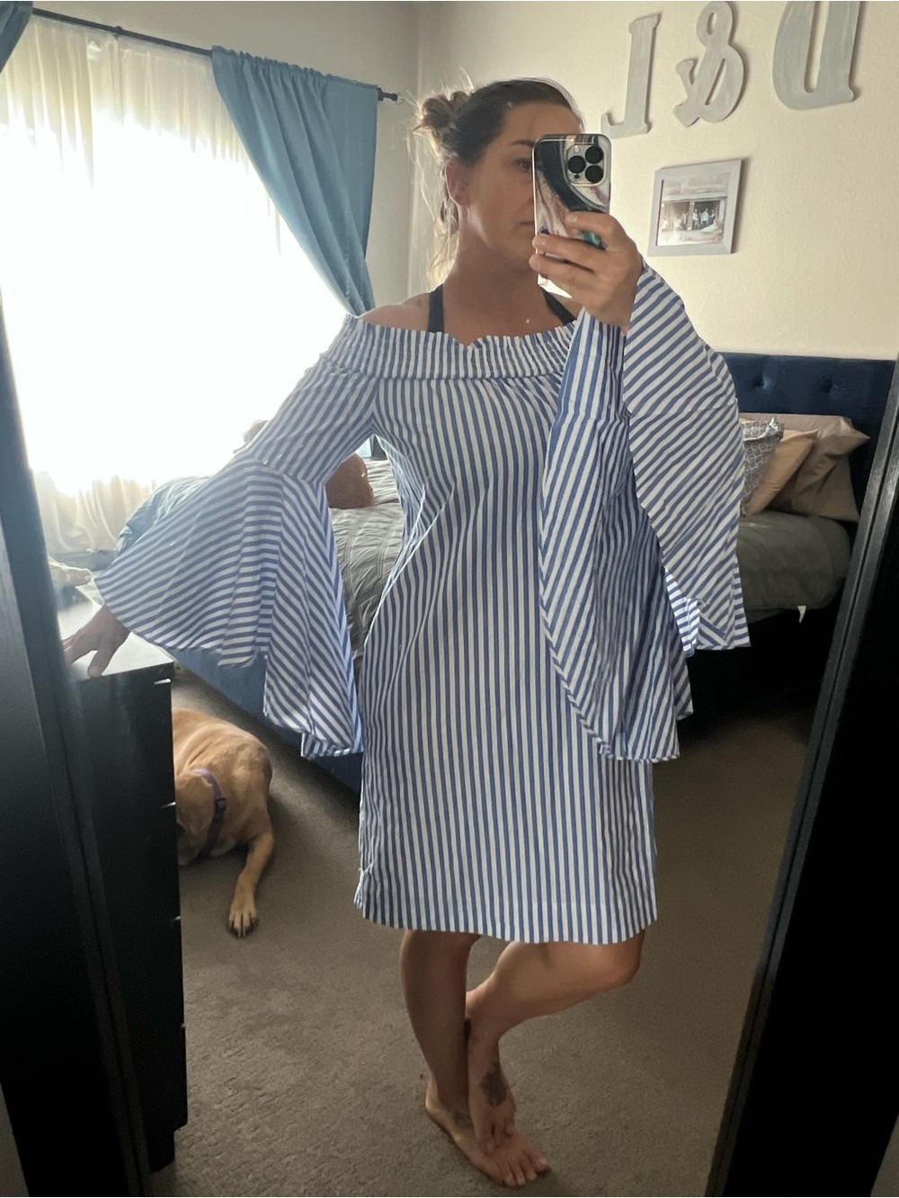 New York and Co Striped Off-Shoulder Bell-Sleeve Dress in Blue and White
